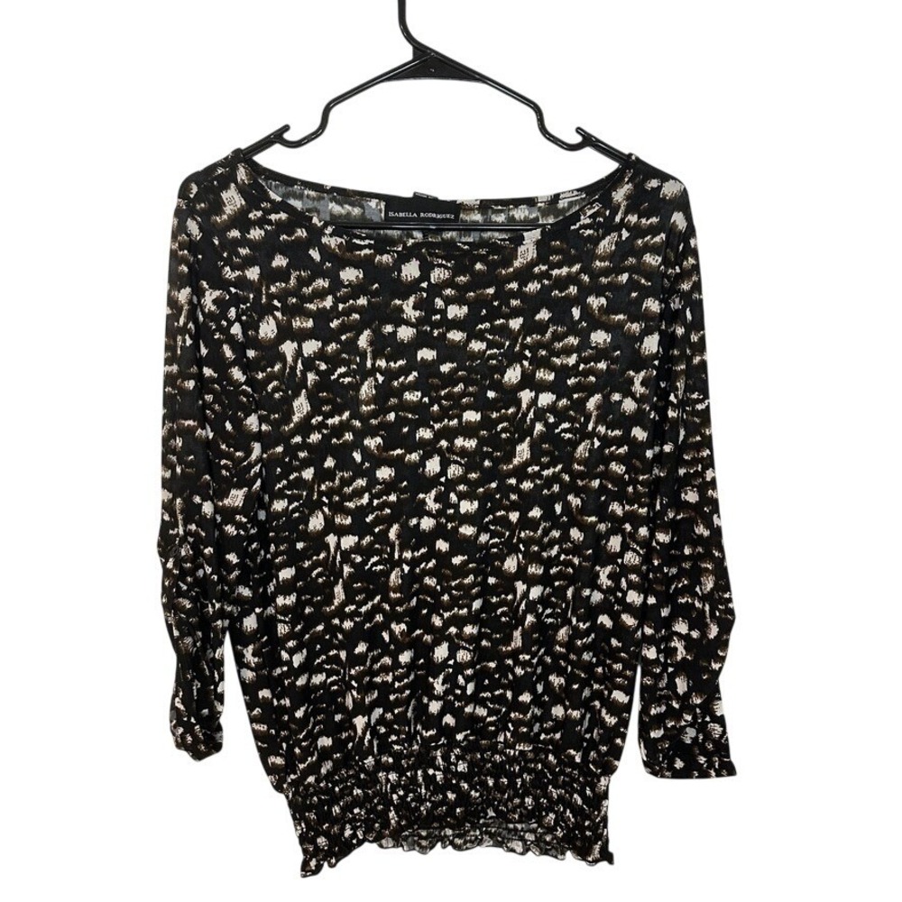 Isabella Rodriguez Womens Black Brown Animal Print Smocked Blouse Roll Tab M